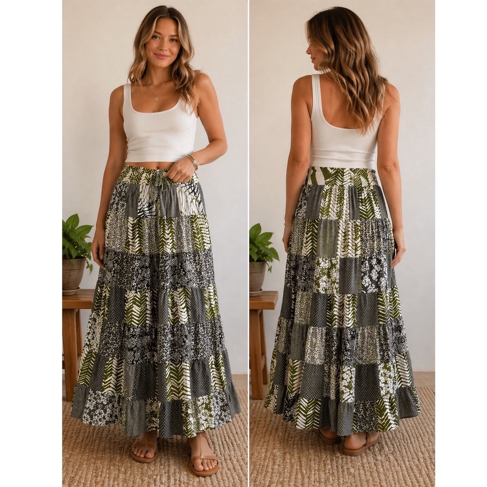 Jack Pot NY Patchwork Maxi Skirt Elastic Waist Boho Festival Cottagecore Flowy
